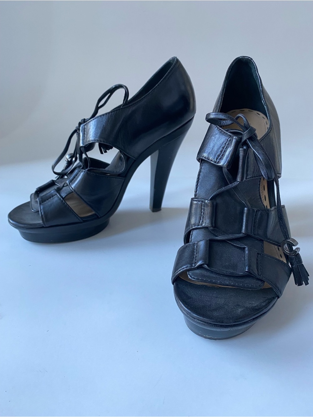 Women's Coach Black Leather High Heel Lace-Up Sandals